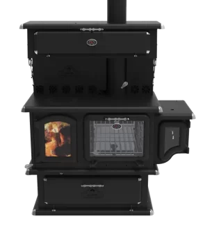 modern looking Chief wood burning cookstove with side water tank overhead warmer and large ash drawer by J. A. ROBY