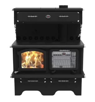 traditional design Cuisiniere 3.0 wood burning cookstove with overhead warmer and ash drawer