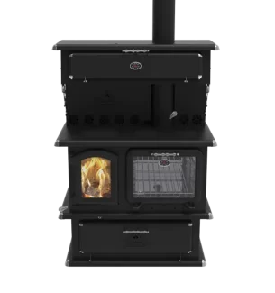 modern looking CUISTOT wood burning cookstove with overhead warmer and large ash drawer by J. A. ROBY