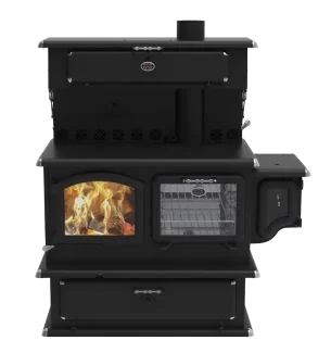 classic cast iron Kocher wood burning cookstove with overhead warmer and side water tank by J. A. ROBY