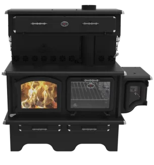 traditional cast iron Strato wood burning cookstove with side water tank and overhead warmer by J. A. ROBY